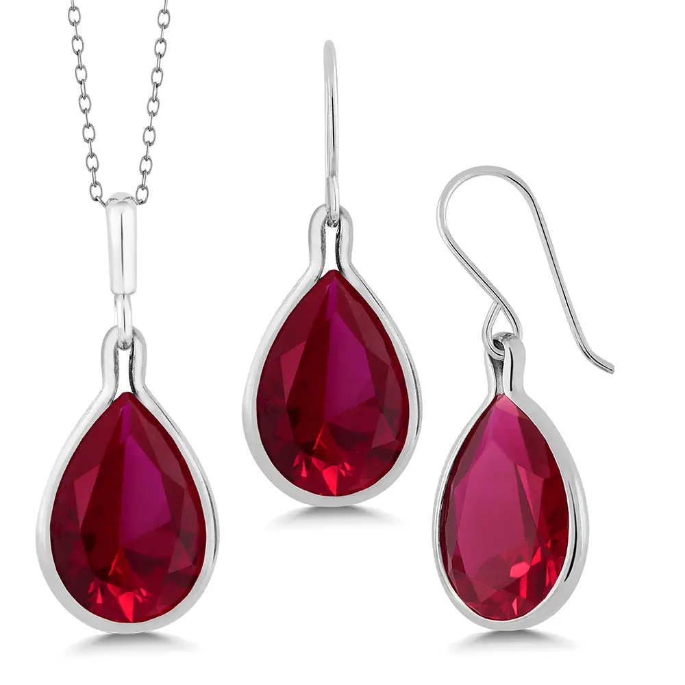 Gem Stone King Women's 925 Sterling Silver Jewelry Set - 28.86 Cttw 16x12mm Pear Shape Bold Red Statement Created Ruby Pendant Necklace, Earrings, 18-in Chain for Adults' Formal & Daily Wear (Set Match)