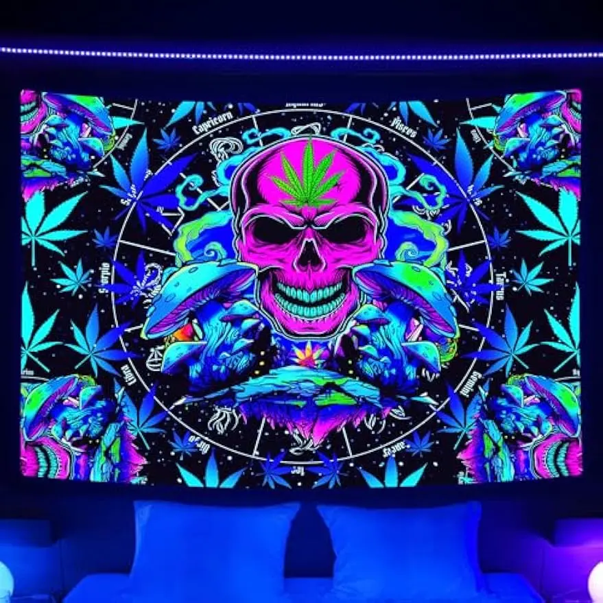 60in x 40in Blacklight Trippy Skull Weed Tapestry UV Reactive, Constellation Astrology Tapestry Psychedelic Cannabis Marijuana Leaf Mushroom for Men Tarot Witchy Aesthetics,