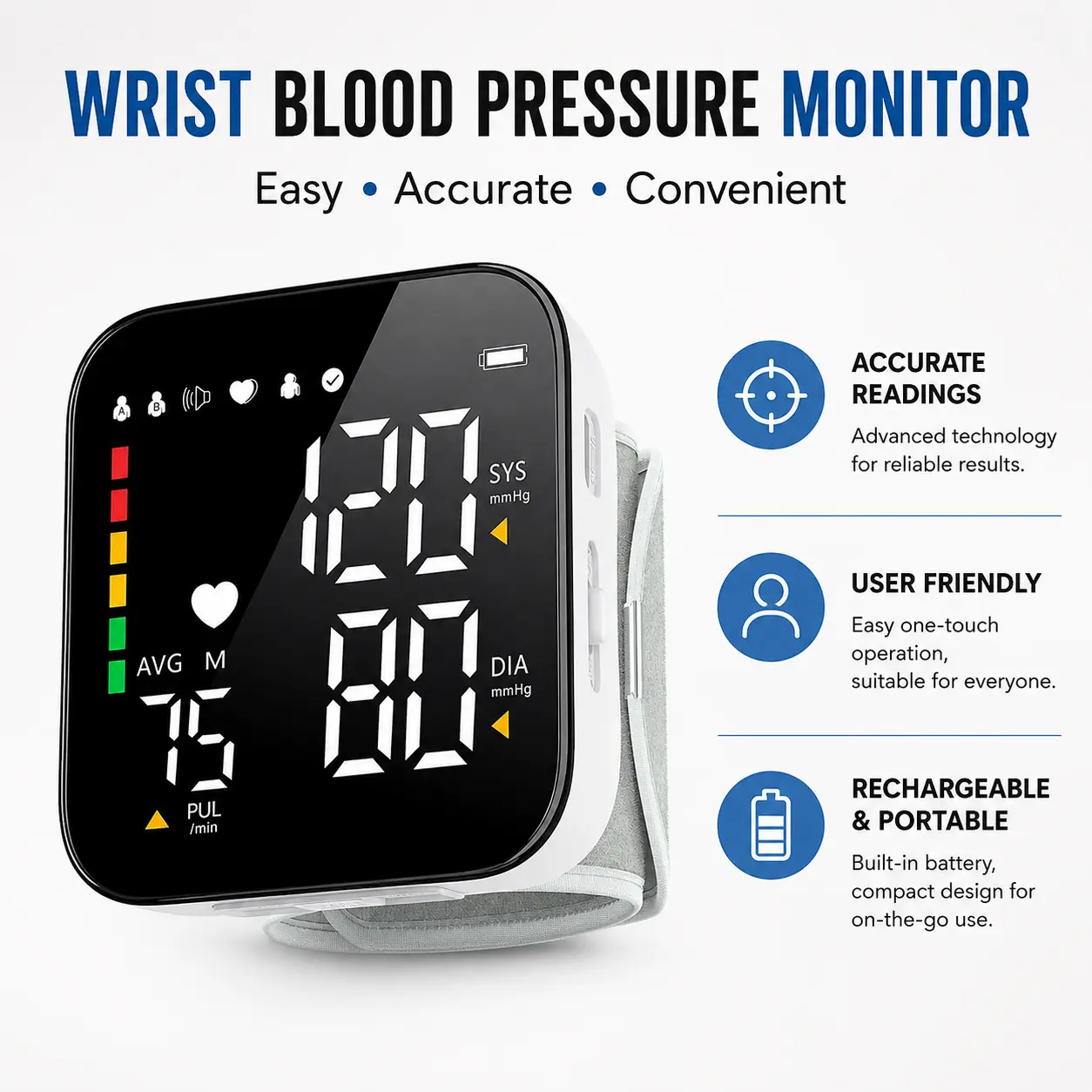 Blood Pressure Monitor Rechargeable Wrist Blood Pressure Cuff Adjustable Digital BP Machine 2x90 Readings Voice Broadcast Backlit Display for Home Use with Carrying Case