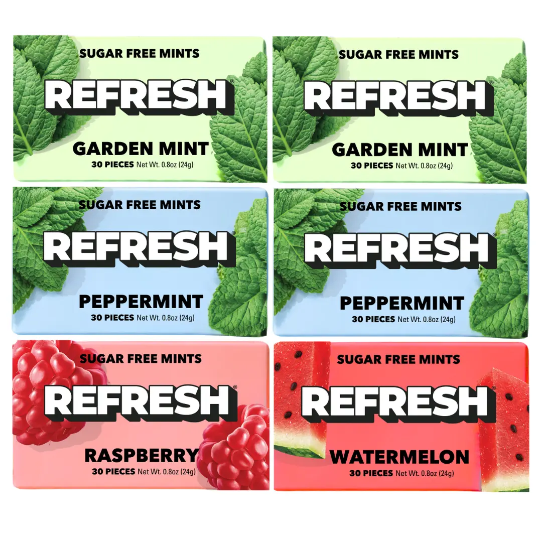 Refresh Gum Sugar Free Mints, 6 Pack - Xylitol, Plant Based, Synthetic Free, Vegan & Non GMO Organic Natural Fruit Flavor