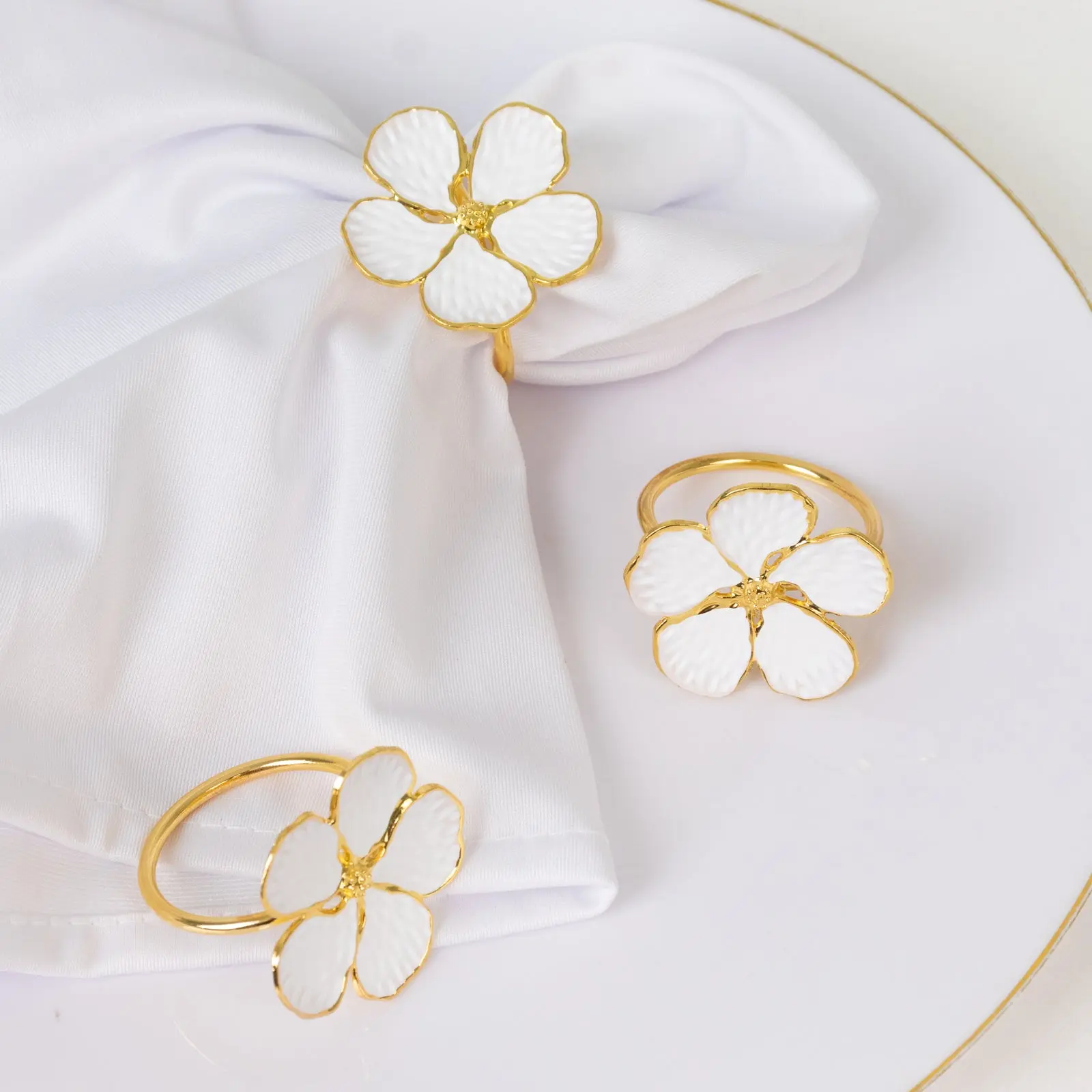 4 Pack White and Gold Metal Plum Blossom Napkin Rings - Kitchen Utensils Floral Serviette Buckle Holder Set