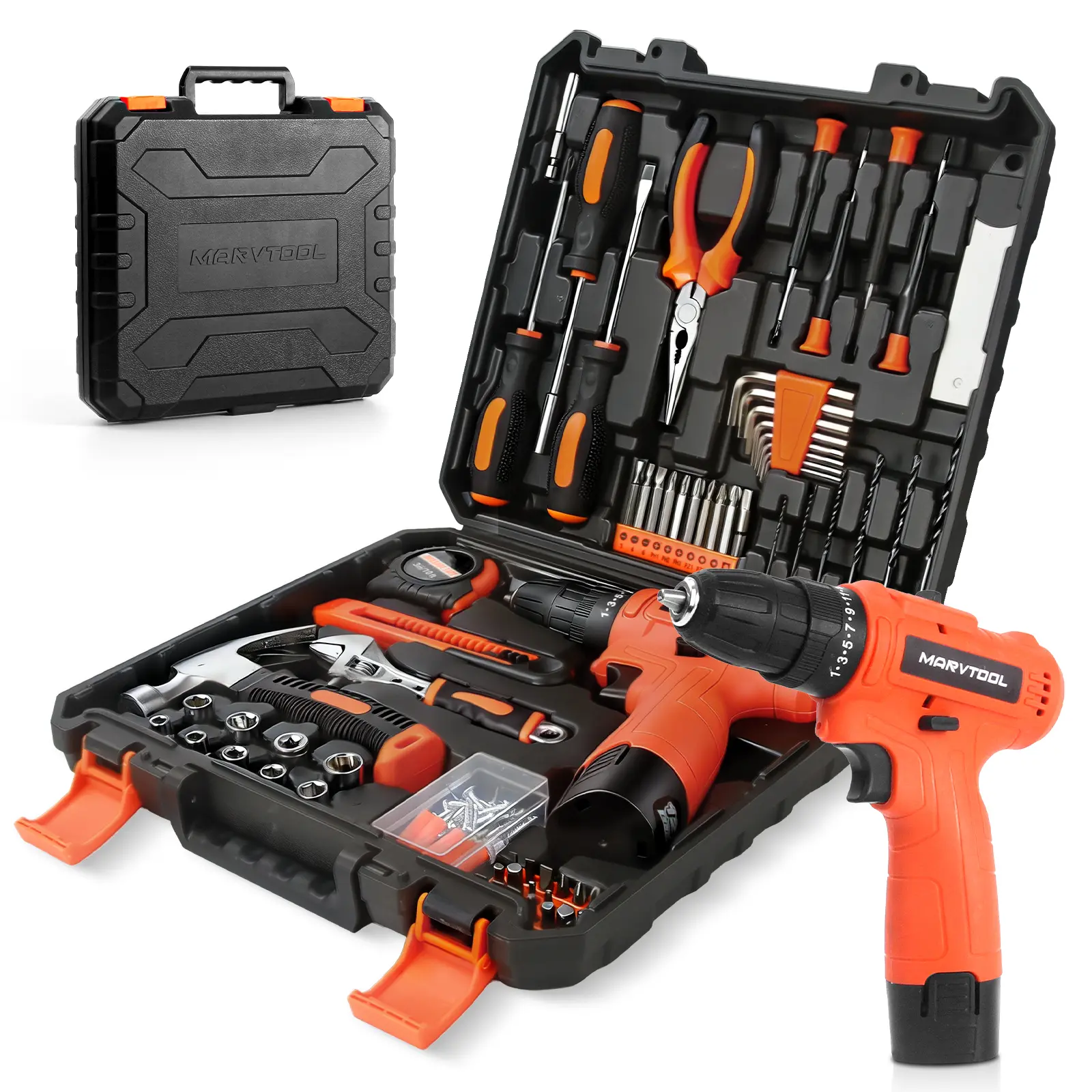 12V Rechargeable Cordless Drill Set (152-Piece) - Power Rotary Tools, Built-in LED for Safety, Fiber Glass Drawer Toolbox, Magnetic Bit Hold, Screw Gun, 9+ Sockets, Ideal for Homeowners, Multi-Surface Use