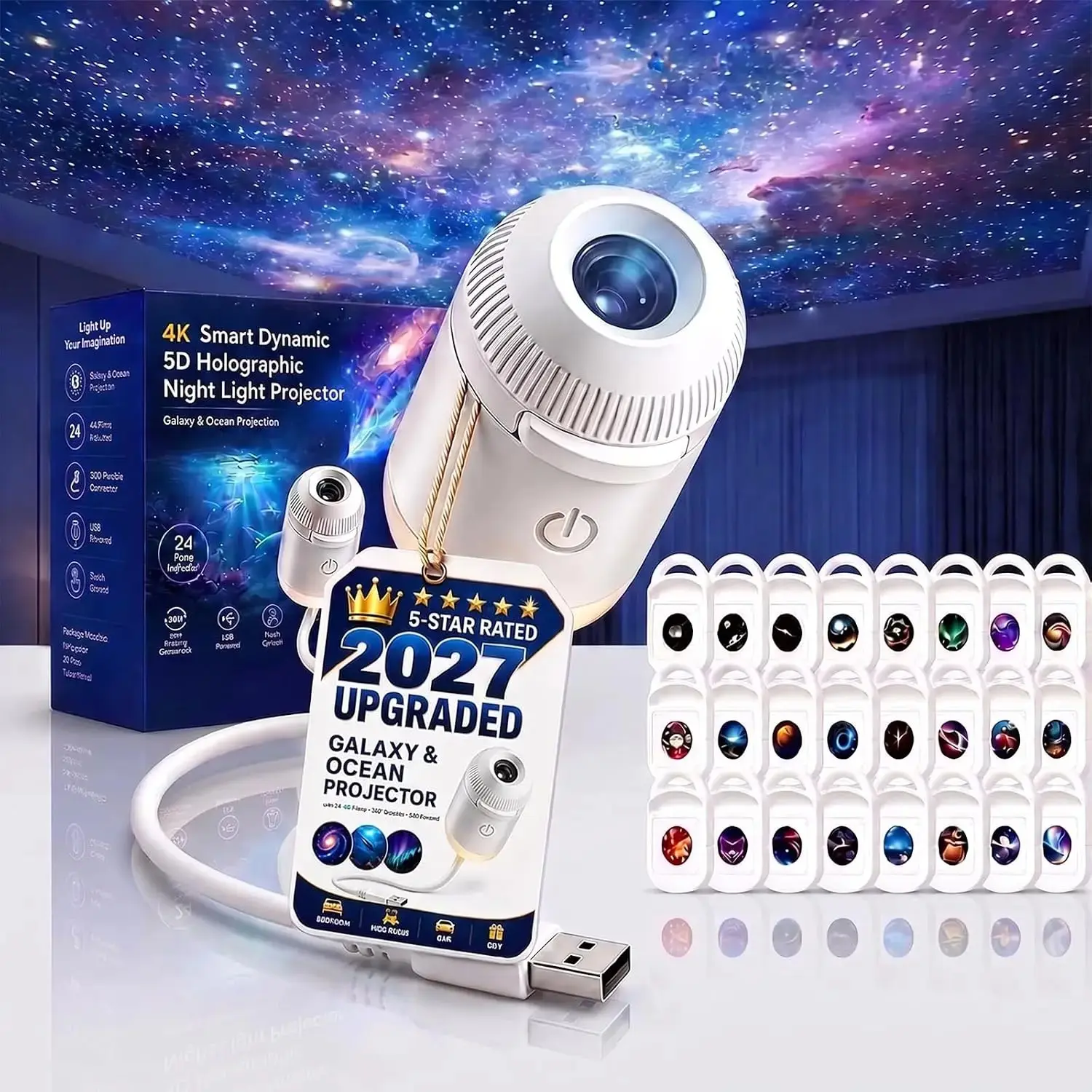 USB Galaxy Star Ocean Projector Night Light 2-in-1 Starry Sky Lamp Plug And Play Romantic Ambient Light Car Bedroom Home Decor