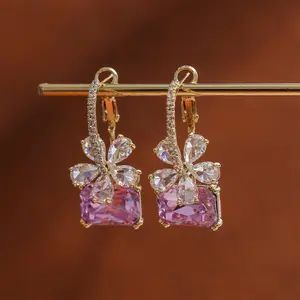 Shiny Violet Crystal Bow Zircon Earrings, DDES0239 High-End Luxury Fashionable Elegant Lady Style Ear Accessories, 14K Gold-Plated