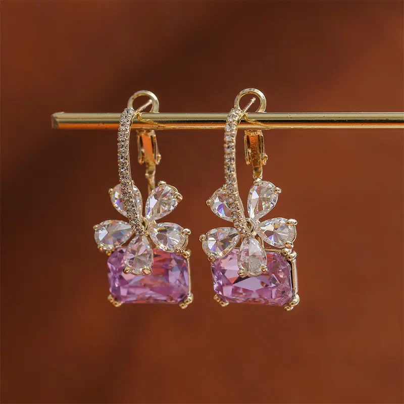 Shiny Violet Crystal Bow Zircon Earrings, DDES0239 High-End Luxury Fashionable Elegant Lady Style Ear Accessories, 14K Gold-Plated