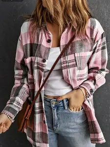 Pink Plaid Button Up Patch Pocket Shirt - Classic Plaid Pattern Vibrant Pink Color Button-Up Design with Functional Patch Pocket for Casual Outfits
