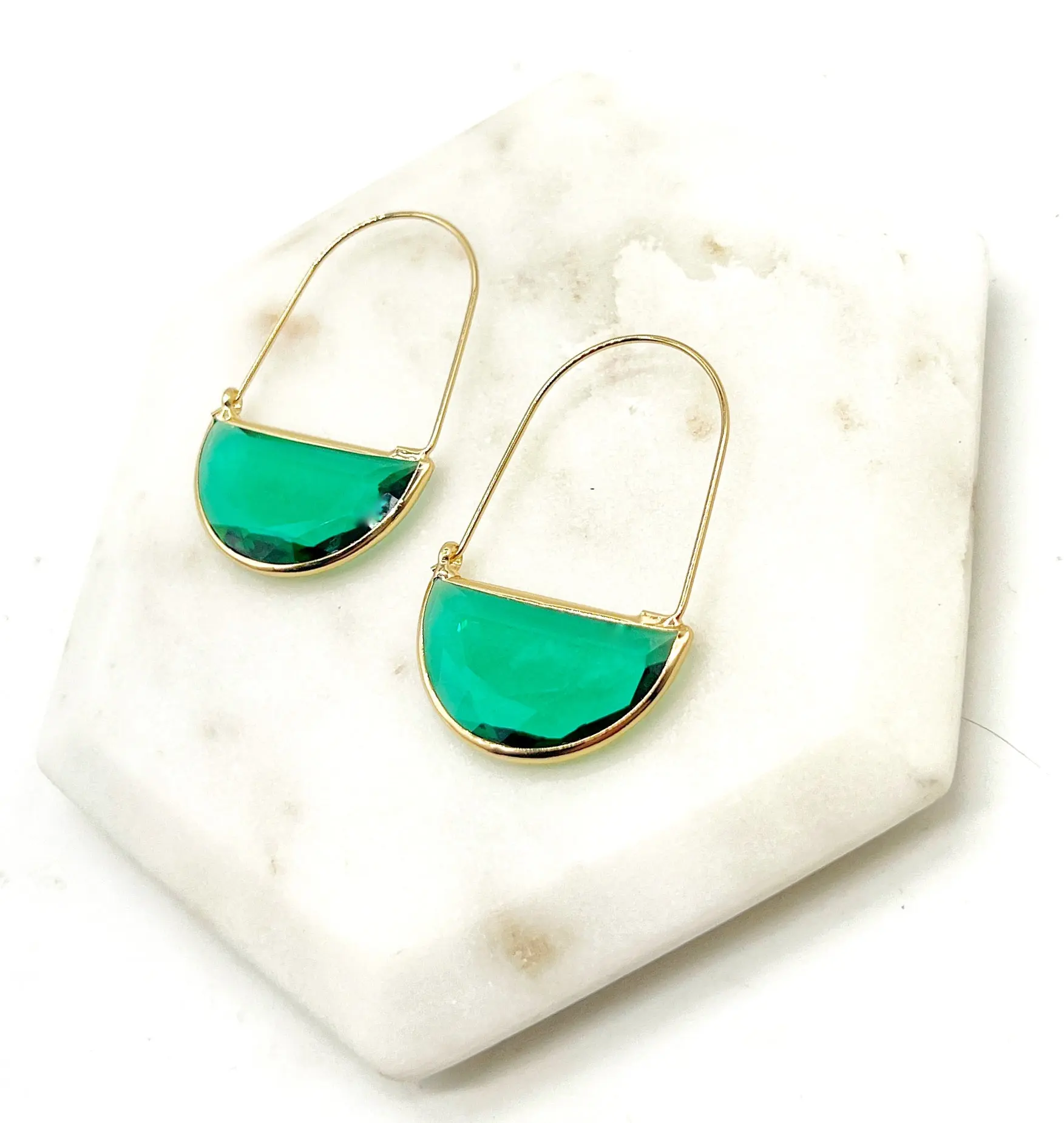 Emerald Green Gem Hoop Earrings