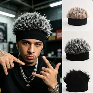 Men'S Funky Faux Fur Knit Beanie Hat - Hip-Hop Style, Straight Hair, No Brim, Perfect for Parties & Cosplay, Black & White Design, Party Accessory |   Funky Beanie |   Faux Fur Hat, Knit Beanie Hat