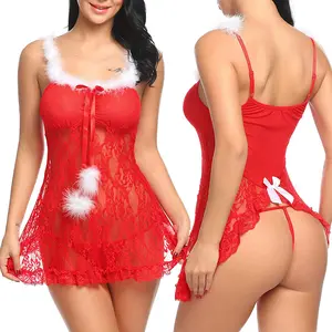 Christmas Red Women Sexy Lingerie Lace Santa Babydoll Sleepwear Underwear With G-string