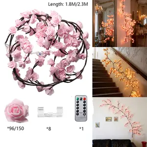 LED Tree Branch Lights for Wall 5.9/7.55 FT 144LEDs Pink Rose Lights Vine Light with Remote and 8 Lighting Modes Pink Rose Garland Willow Vine for Bedroom Indoor Wall Wedding Christmas Decor