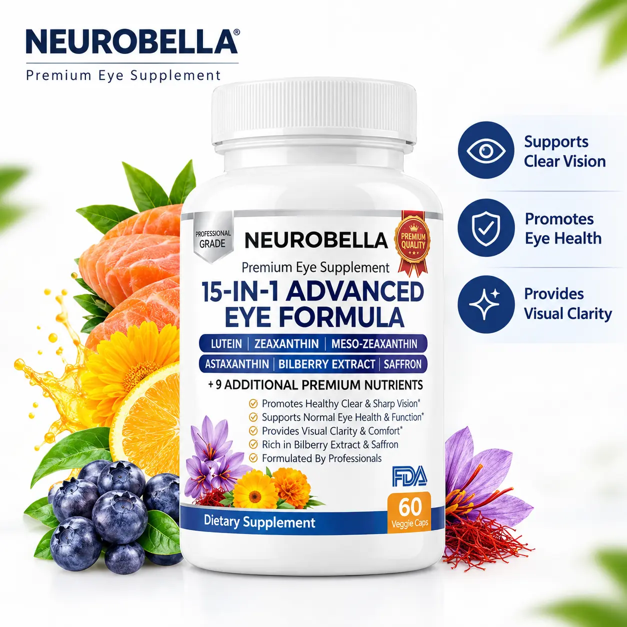 1-3 Pack Neurobella 15 In 1 Advanced Eye Formula, 60 Count, Lutein, Zeaxanthin, Saffron, Astaxanthin & Bilberry