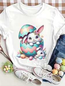 Women's Easter Rabbit & Egg Print Round Neck Tee, Fashion Casual Fit Crew Neck T-shirt for Daily Holiday Vacation Outdoor Wear, Ladies Clothes for All Seasons, Womenswear