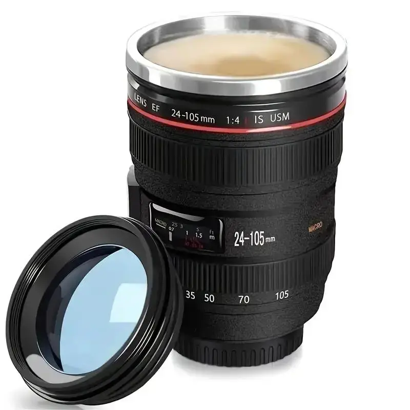 Camera Lens Design Coffee Mug Unique Gift, 1 Count Creative Stainless Steel Insulated Cup with Lid for Home Office Gift
