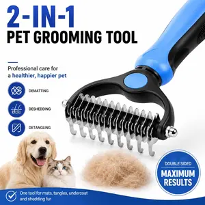 Pet Grooming Brush – Double Sided Hurtless Shedding and Dematting Undercoat Rake Comb for Dogs and Cats, No More Nasty Shedding or Flying Hair, Extra-Wide Dog Grooming Brush, Pet Grooming Tool, Self Grooming Brush, Undercoat Rake for Dogs & Cats【Blue】