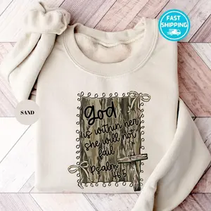 God is Within Her She Will Not Fail Sweatshirt, Bible Verse Shirt, Camo Sweatshirt, Wooden Cross Gift, Camo Coquette Bow Frame, Psalm 46:5