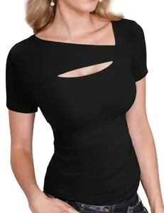 Womens Fashion Sexy Cutout Tops Short Sleeve Shirts Slim Fitted Going Out Tshirts Trendy Clothes