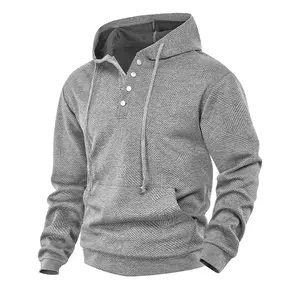 Men's Casual Gray Textured Hoodie, Henley Button-Front Design with Kangaroo Pocket & Streetwear Style