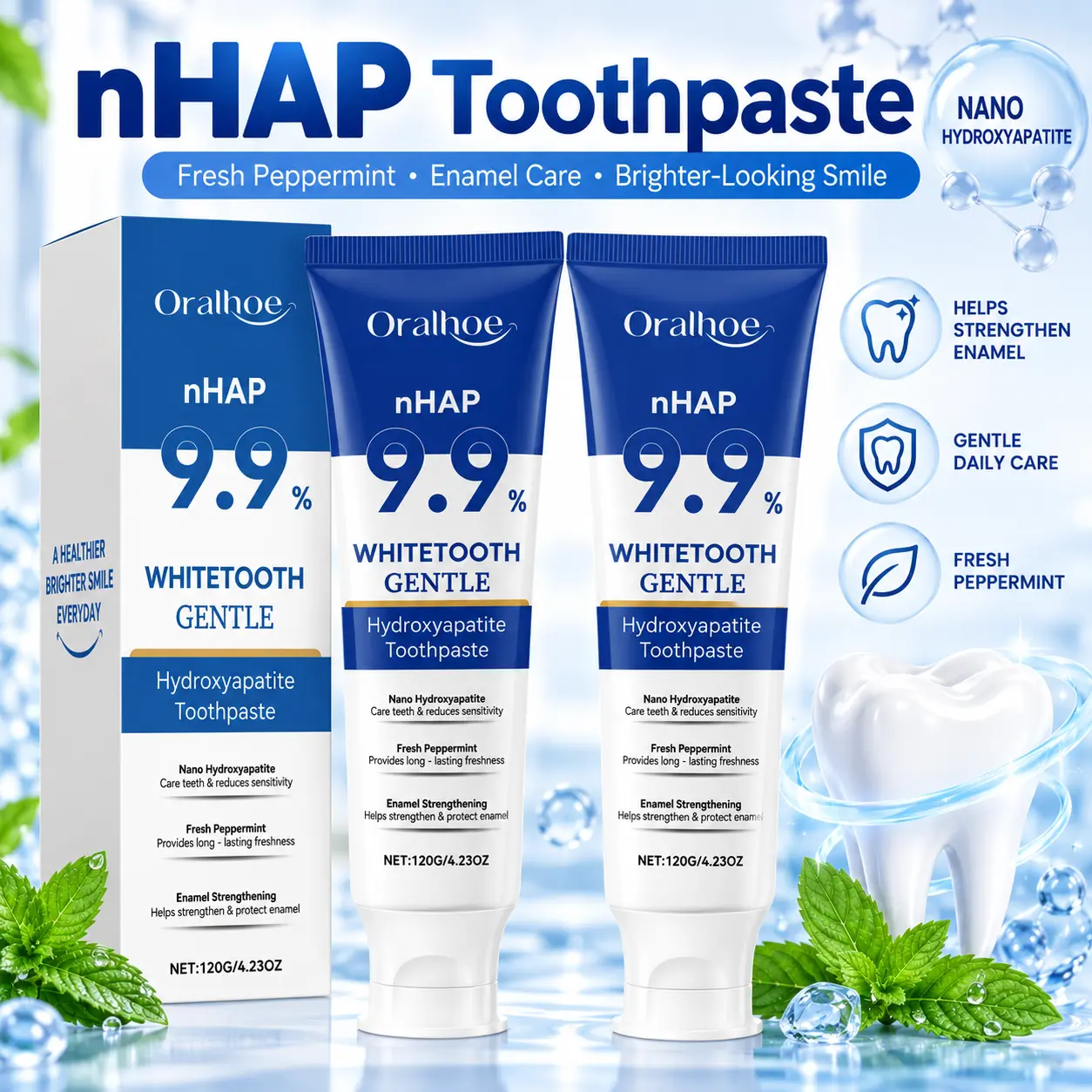 Nano Hydroxyapatite Toothpaste 9.9% nHAP, Fluoride-Free Gentle Peppermint Formula for Daily Cleaning and Fresh Breath, 120 g