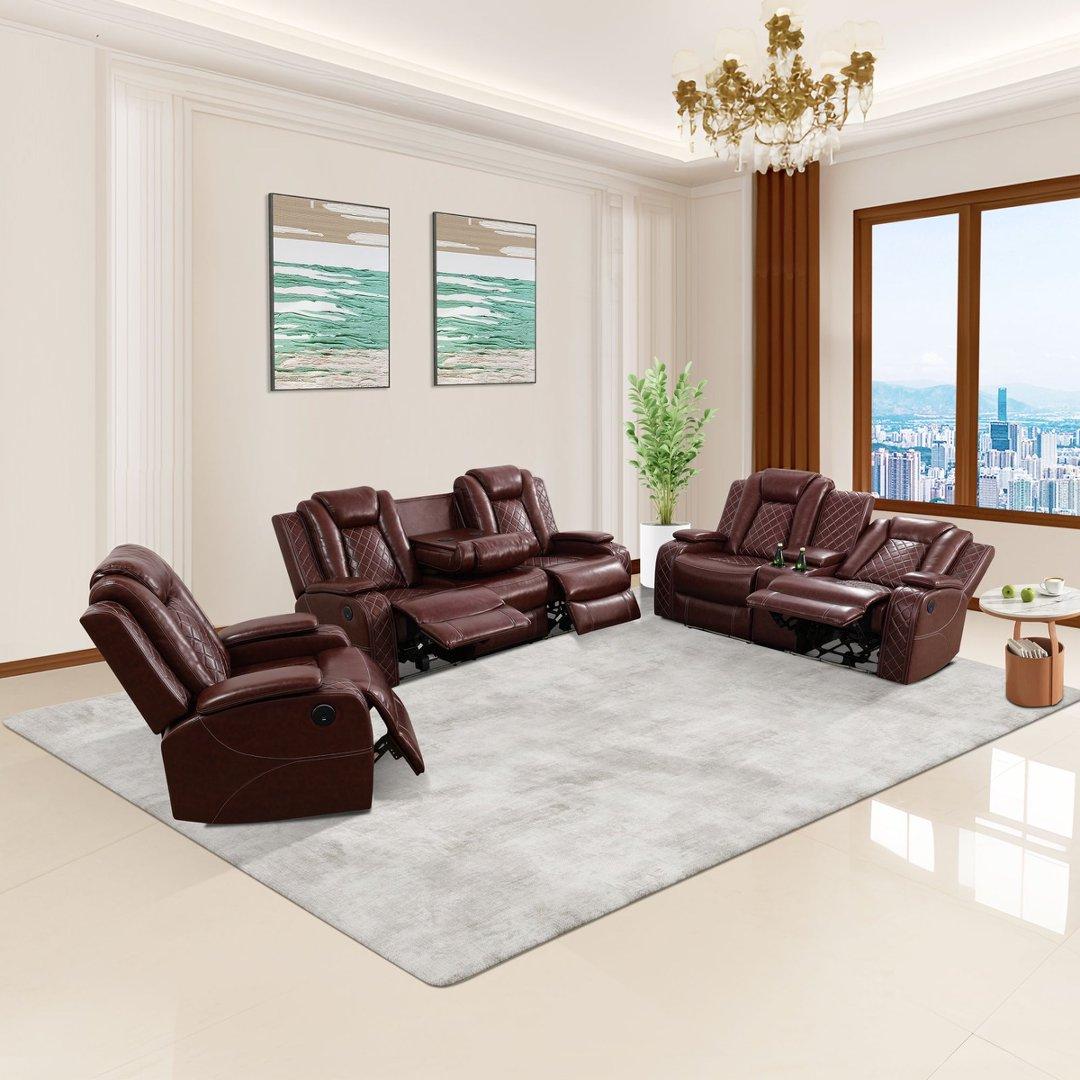 Red Breathing Leather 3-Piece Living Room Recliner Sofa Set