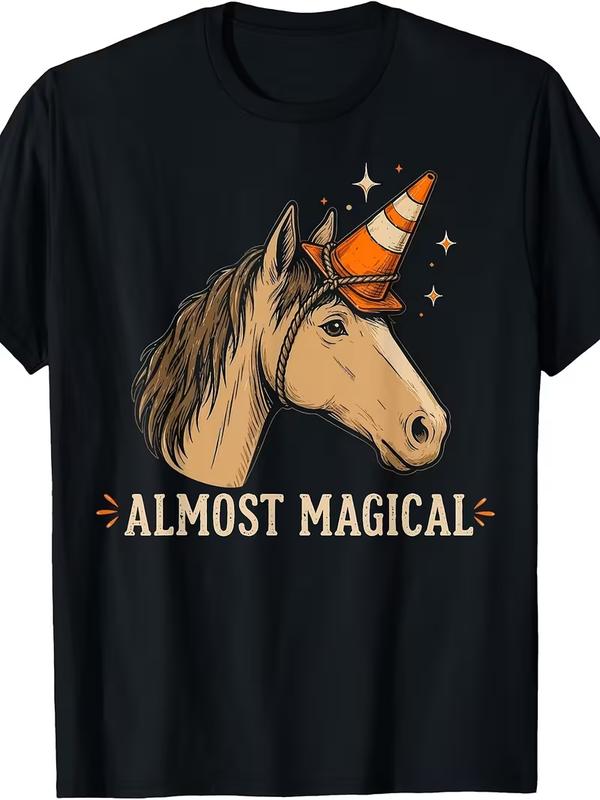 Men's Short-Sleeve Round Neck Unisex T-Shirt - Cone Horn Unicorn Horse Theme, Magic Retro Look, Soft Casual Daily Year-Round Top