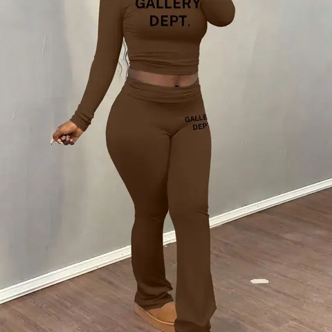 Women's Letter Print Fitted Crop Tee & Plain Flare Leg Pants Two-piece Set, Casual Fashion Round Neck Long Sleeve Top & Bell Bottom Trousers for Daily Outdoor Wear, Women's Clothing for Fall & Winter