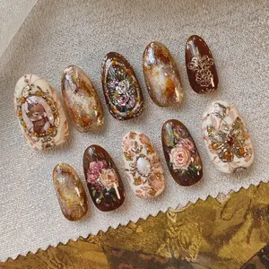 Vintage Oil Painting Brown Tone Press On Nails, Hand-Painted Rose Squirrel Butterfly Decor, Gold Metal Frame Pearl & Rhinestone Medium-Long Oval Removable False Nails, Perfect for Commute, Date & Party, with Jelly Glue and Nail File