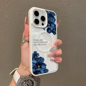 Magnetic Stylish Case for iPhone 17 16 E Pro Max 15 Plus 14 13 12 11 XS XR, Psalm Dark Blue Flower Aesthetic | Shockproof, Silicone, Lightweight, Girly, and Scratch Resistant Protection