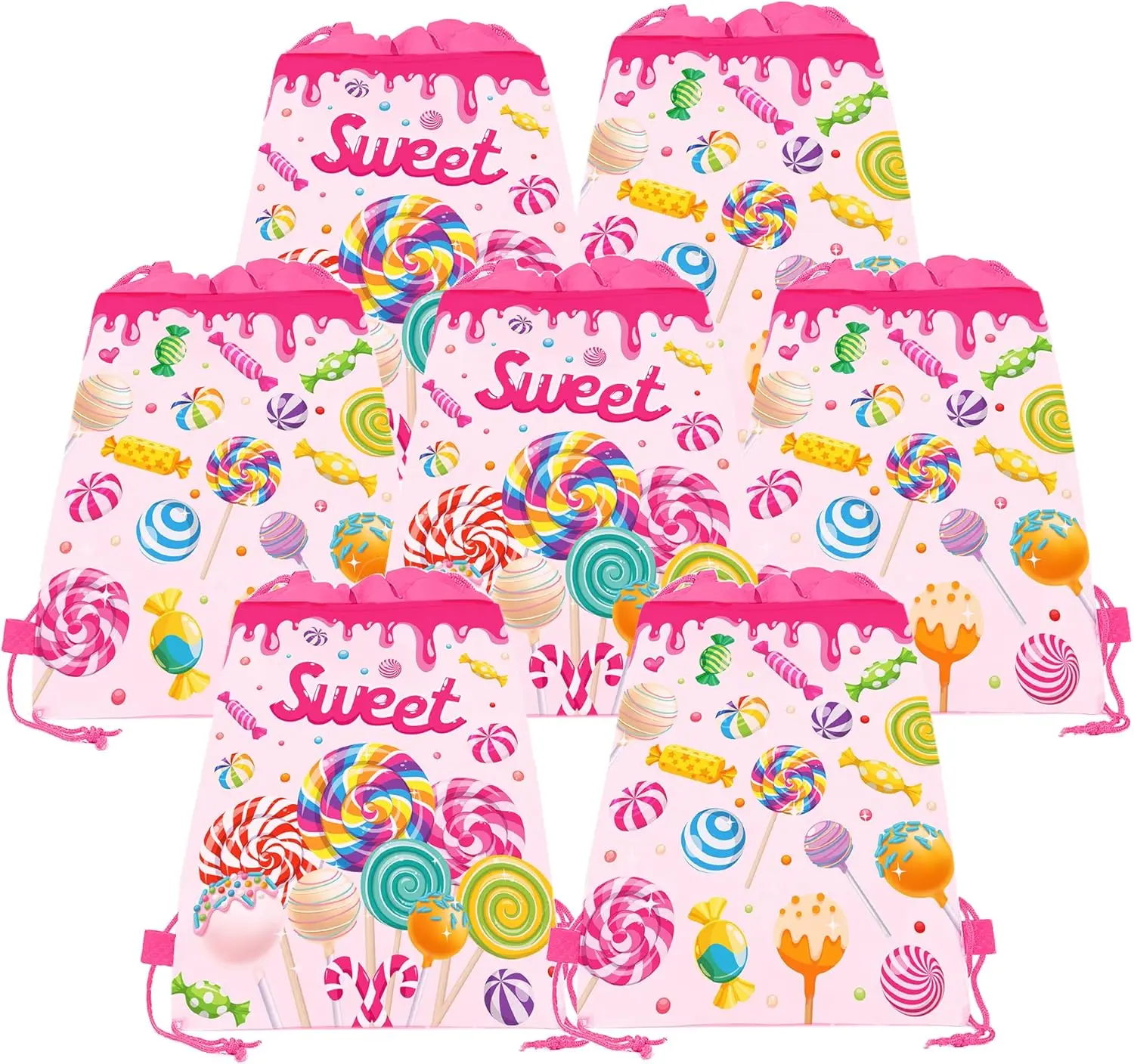 12 Pack Lollipop Drawstring Party Bags,Sweet Candy Gift Treat Bags for Kids Girls Boys Birthday Party, Lollipop Theme Baby Decorations, 10.6 x 13.4inches