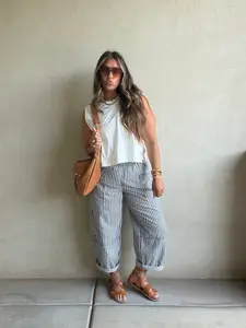 Striped Barrel Pant in Navy