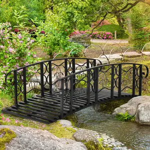Metal Arch Backyard Garden Bridge 6' with 660 lbs Weight Capacity Safety Siderails Vine Motifs Easy Assembly for Creek Stream Pond Black