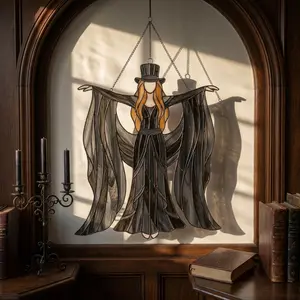 Boho Witch Stained Glass Suncatcher  | Dark Academia Window Hanging Decor | Witchy Sun Catcher with Shadow Effect | Aesthetic Halloween Home Decor | Mystical Glass Art Gift for Her | Vintage Gothic Room Vibes TikTok Trend