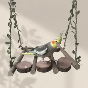 Natural Wood Multi-Level Bird Swing & Climbing Ladder - Hanging Parrot Play Gym Cage Accessory for Small Birds - Interactive Exercise & Enrichment Pet Supply