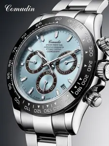 Men's Fashion New Trend Steel Band Multifunctional Quartz Watch, Classic Daytona Style Ice Blue Dial, Business Casual Commute Wristwatch