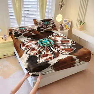 3Pcs Stylish Cowhide Pattern Fitted Sheet Set, Rustic Design with Turquoise and Blue Gem Accents, Perfect for Western-Themed Bedroom Décor, Soft and Durable Fabric for a Cozy Sleep Experience, Lncludes 1 Fitted Sheet, With 2 Coreless Pillowcases