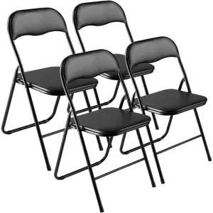 VEVOR 4 Pack Folding Chairs, Foldable Leather Chairs with Heavy Duty Metal Frame Padded Cushion, Portable Folding Card Table Chairs, Stackable Seats for Home, Yard, Garden, Parties, Events, Black