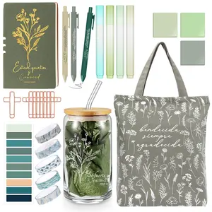 29 Pcs Bible Journaling Kit Regalos Cristianos En Español 16 oz Glass Cup Canvas Bag Leather Notebook Highlighter Pen Sticky Note Tapes Regalos Cristianos para Mujer En Español Church, Green