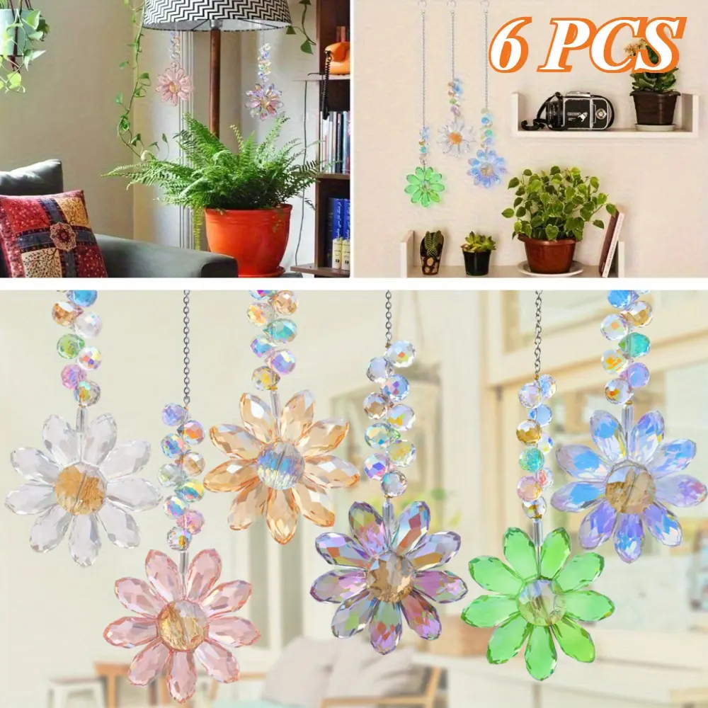 6pcs Hangable Beads Crystal Sunflower Rainbow Glass Window Sun Catchers - Multi Color Brightening Garden Courtyard Decor, Music Festival Wedding Ornaments Pendant