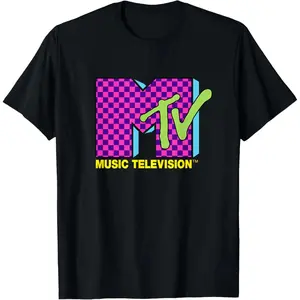 MTV Music Television Retro 80's Neon Pink Checkerboard Logo T-Shirt Breathable Classic