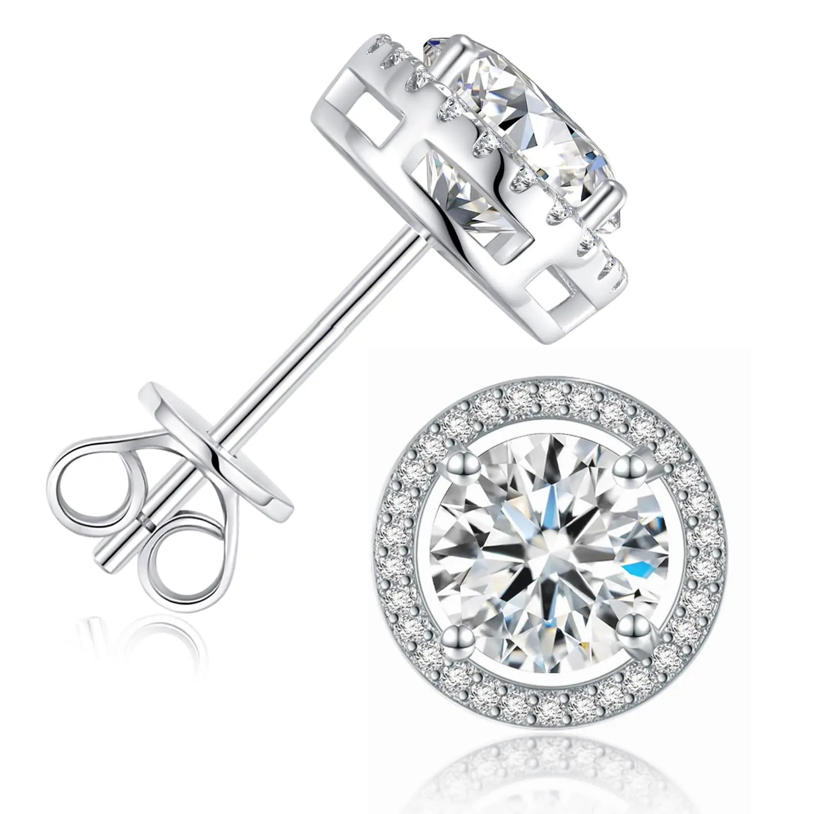 S925 Sterling Silver Halo Round Stud Earrings Set - 10mm Cubic Zirconia Studs, Classic High Quality Sparkling Ear Jewelry, Hypoallergenic Gift for Women, Wedding Daily Wear, High Quality Earrings, Classic Earrings