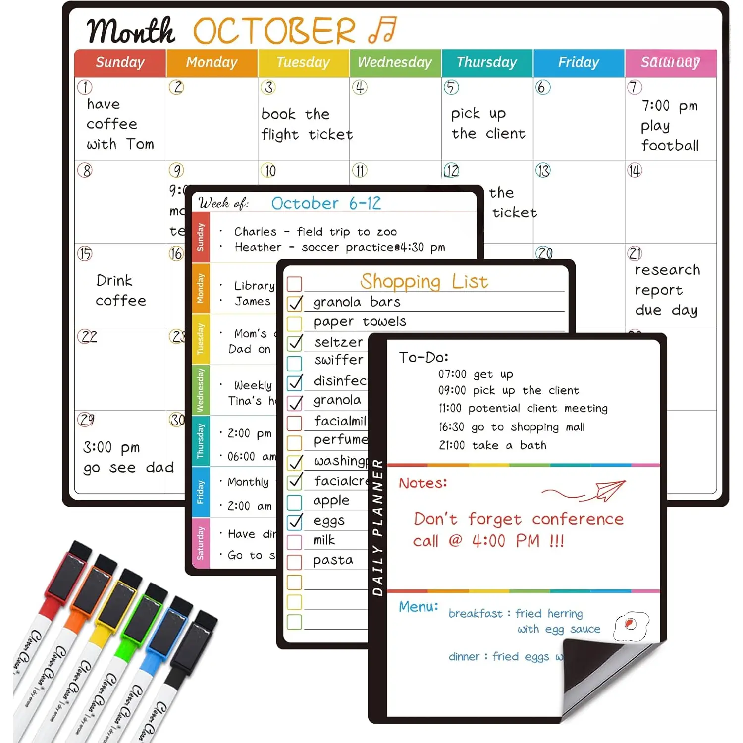 Dry Erase Monthly Calendar Set - 14.5"x11" Monthly Calendar, 6.5"x8.5" Weekly, Daily, List Boards for Fridge - 6 Extra Fine Point Markers Included - Shipped Flat