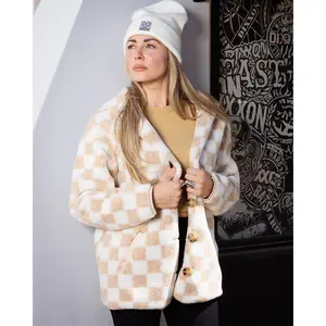 Women's Checkered Sherpa Cardigan - Tan & White