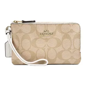 COACH Corner Zip 16 Double-Layer Monogram Print Dual-Zip Clutch Bag for Women, Small Size, Light Khaki with White