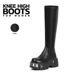 Platform Knee High Boots for Women Round Toe Chunky Block Heel Side Zipper Metal Studs Combat Motorcycle Y2K Street Style Punk Rave Edgy Stylish Fashion Party Concert Festival Tall Trendy Comfortable Goth Boots