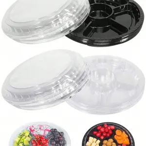 Round Plastic Appetizer Trays with Lid, 10.4 Inch Serving Dishes, Disposable Food Storage Containers, Snack Organizer, Fruit & Vegetable Plates, Disposable Dinner Plates