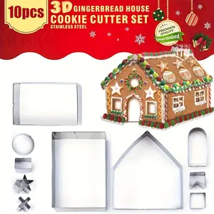Set of 10 Gingerbread House Cookie Cutters for Christmas, Including a 3D House Cutter Made of Stainless Steel, Perfect for Holiday Baking And Chocolate Projects.