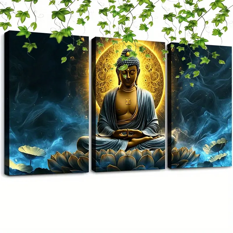 3pcs 12x16in (30x40cm) Elegant Durable Wood-Framed Buddha Canvas Wall Prints, Vibrant Zen Spiritual Home Decor for Home Office, Yoga Spa Decor, Decoration, Room