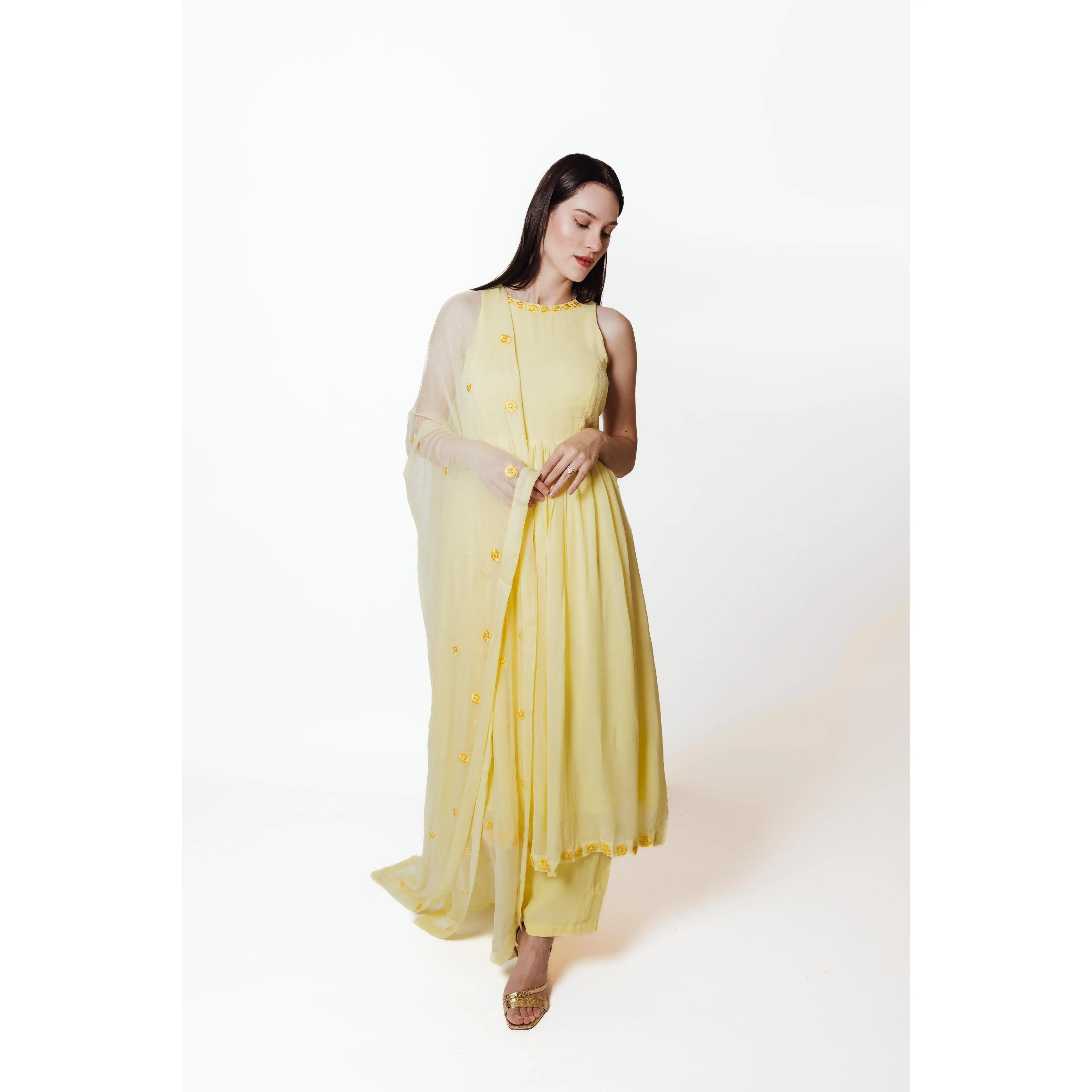Aveline Yellow Georgette Salwar Kameez with Floral Mirror Trim