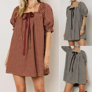 Women Plaid Summer Dress, Loose Bow Square Neck Puff Sleeve Short Dress for Daily Travel, Ladies Clothes for Indoor Outdoor Wear, Ladies Clothes for Daily Wear