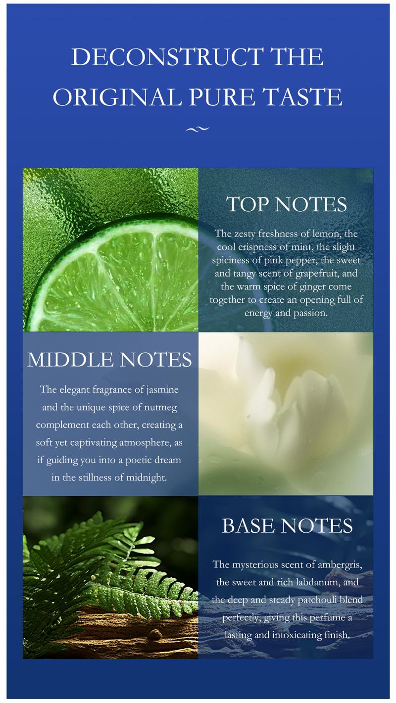 YCZ Midnight Marine Perfume EDP 50ml Sweet Elegant Fragrance for Men's Cologne Gift with Jasmine Lemon & Patchouli Notes Long Lasting Scent Aromatic Amberwood Charm Unfolds