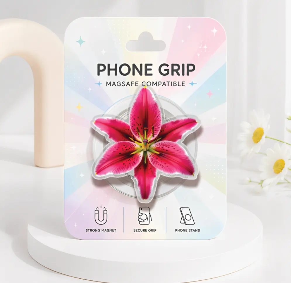 Hot Pink Stargazer Lily MagSafe Phone Grip, Floral Magnetic Phone Holder, Cute Flower Acrylic Kindle Grip, Kawaii Lily Pop Socket, Gift for Flower Lovers